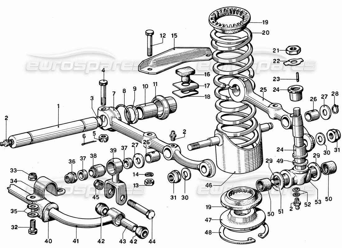 ferrari 365 gt 2+2 (mechanical) suspension de roue avant - schéma des pièces des bras inférieurs