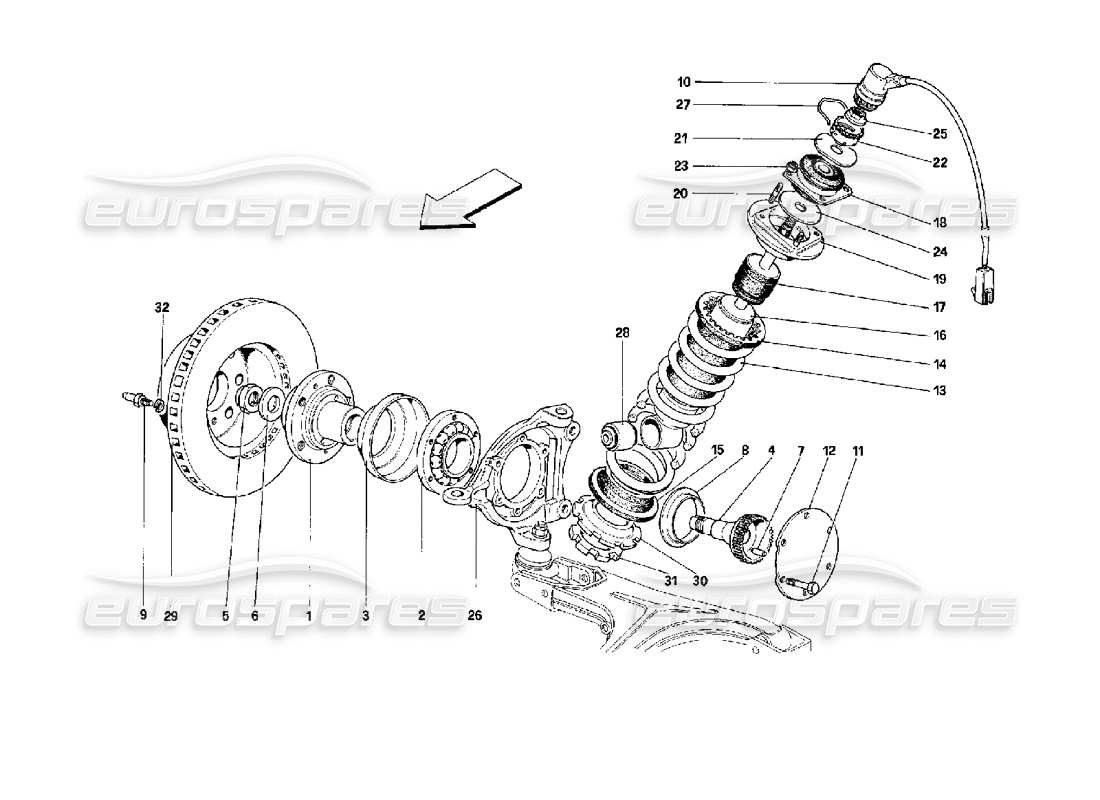ferrari mondial 3.4 t coupe/cabrio suspension avant. - schéma des pièces de l'amortisseur et du disque de frein