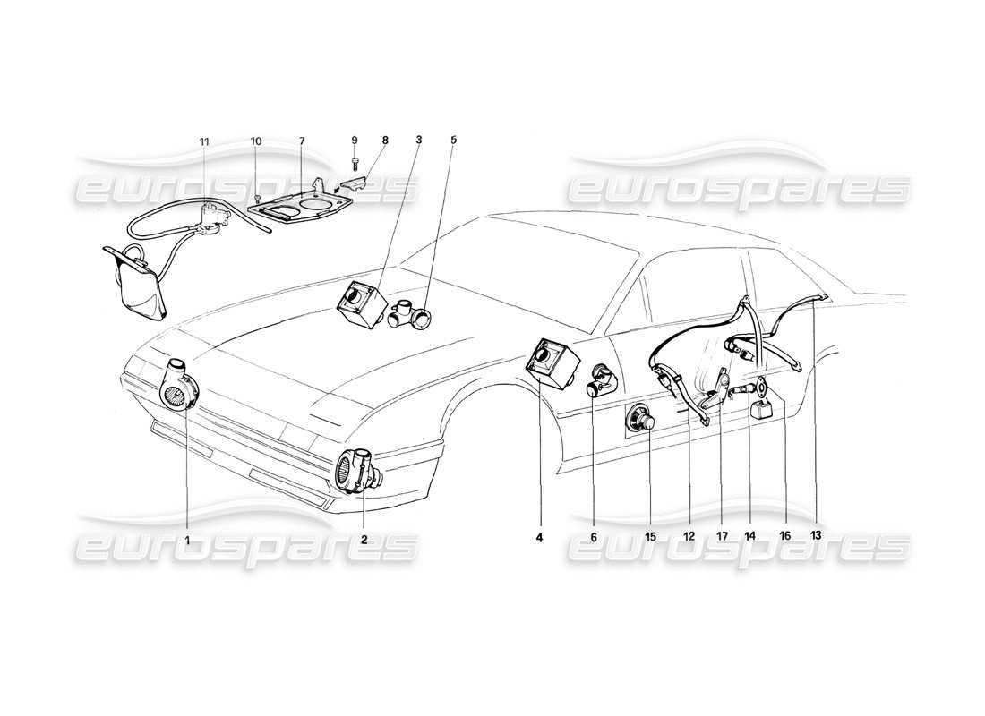 ferrari 400i (1983 mechanical) ventilateurs électriques de refroidissement - chauffage - schéma des pièces du rondelle -glace et des ceintures de sécurité
