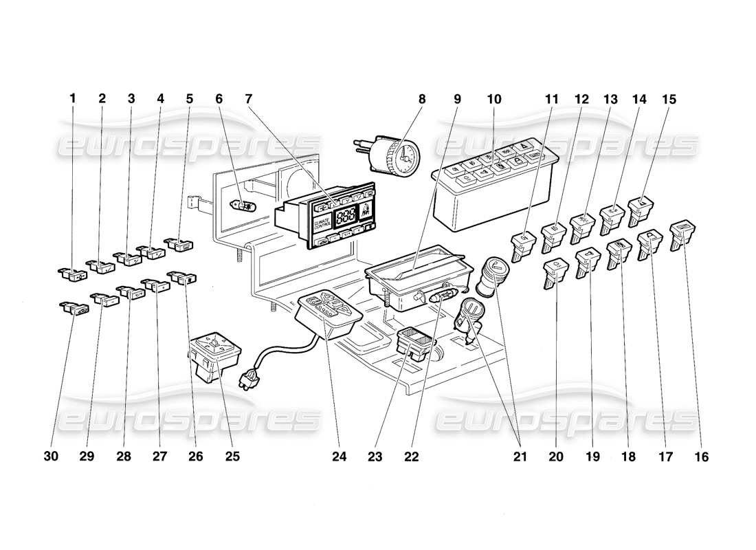 lamborghini diablo vt (1994) diagramme des pièces des instruments du panneau de tunnel