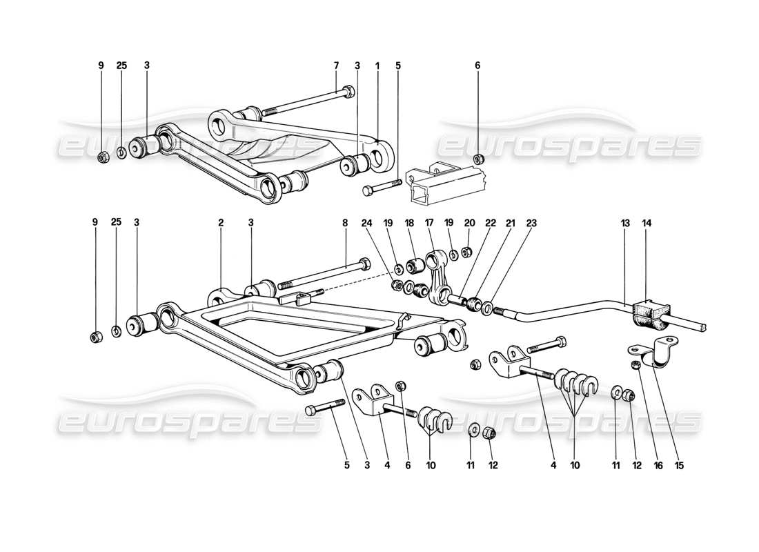 ferrari mondial 3.2 qv (1987) suspension arrière - diagramme des pièces des triangles