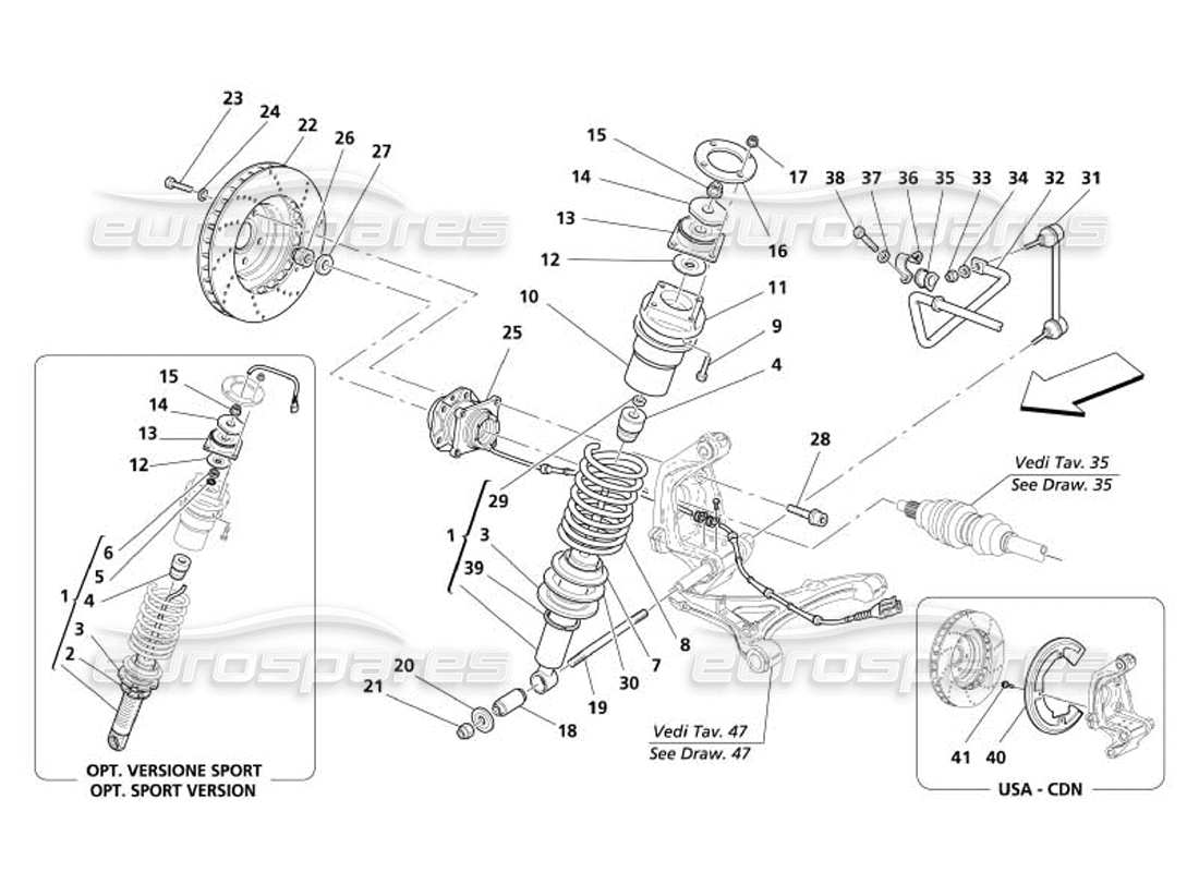maserati 4200 spyder (2005) suspension arrière - schéma des pièces des amortisseurs et des disques de frein