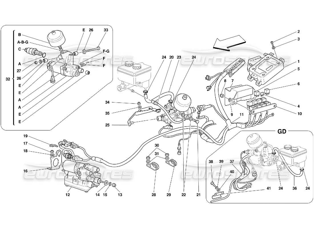 ferrari 456 gt/gta schéma des pièces de l'unité de commande et de l'équipement hydraulique pour le système abs