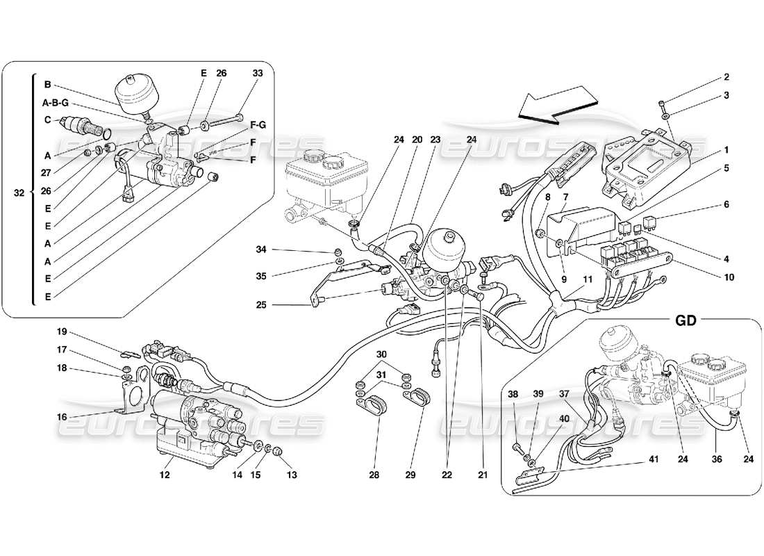 ferrari 456 gt/gta schéma des pièces de l'unité de commande et de l'équipement hydraulique pour le système abs