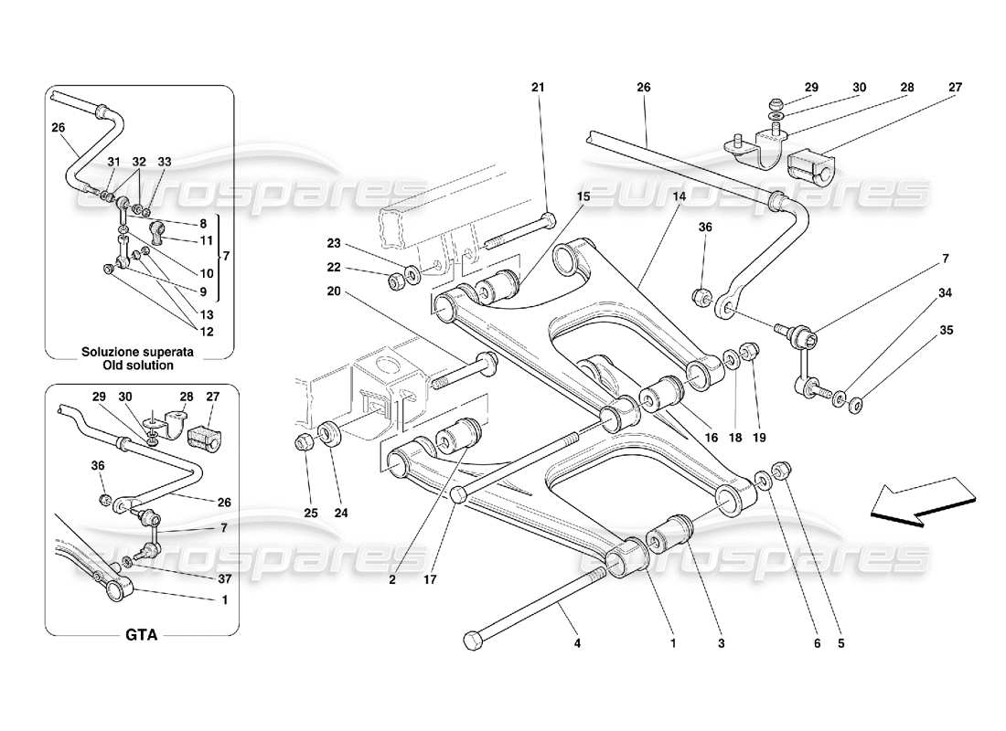 ferrari 456 gt/gta suspension arrière - diagramme des pièces des triangles et de la barre stabilisatrice