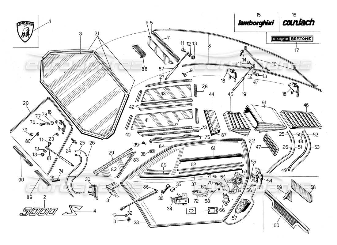 lamborghini countach 5000 qv (1985) diagramme des pièces des lunettes, des joints et des commandes