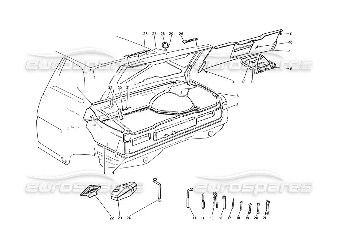 maserati biturbo 2.5 (1984) botte - diagramme des pièces des badges, du tapis et des outils