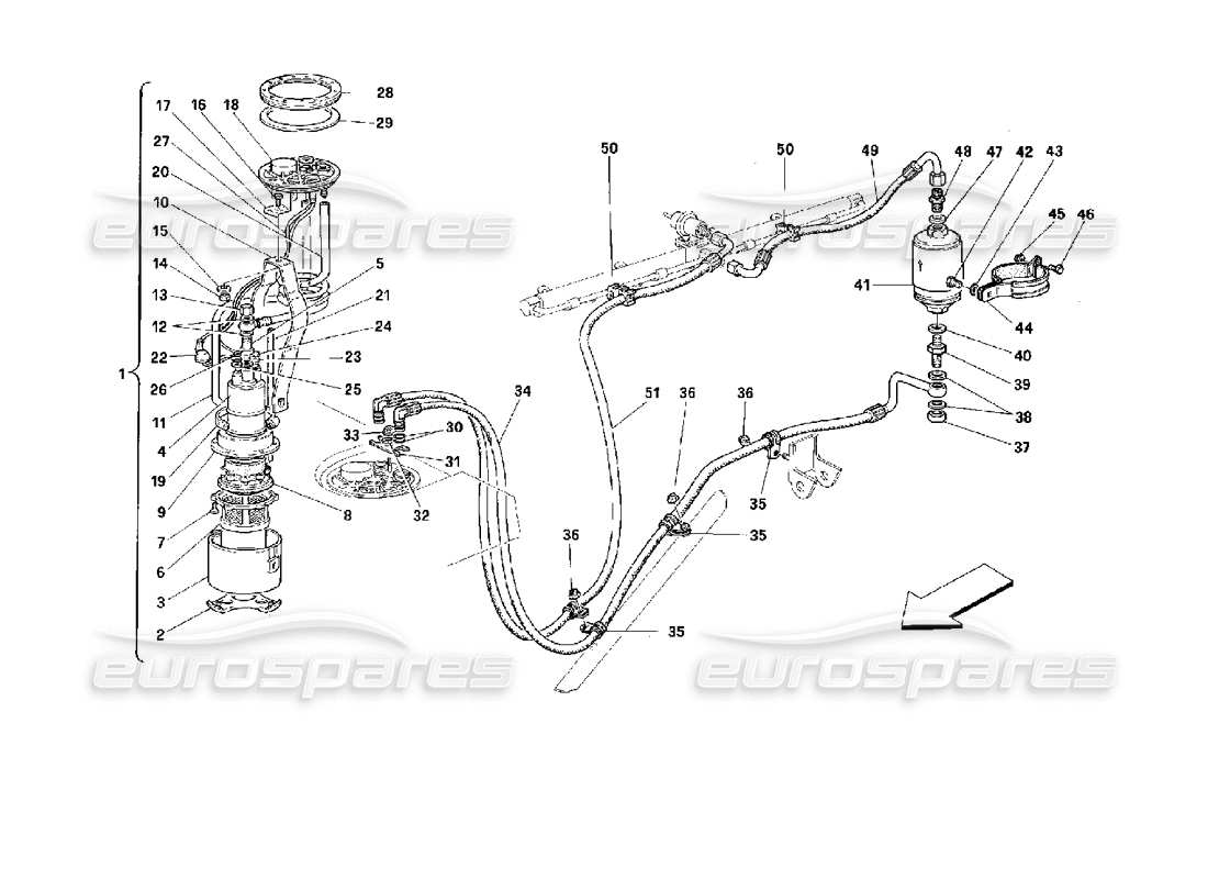 ferrari 512 tr schéma des pièces de la pompe à carburant et des tuyaux