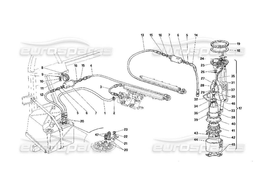 ferrari f40 tuyauterie de pompe et de carburant -valable pour les états-unis- schéma des pièces