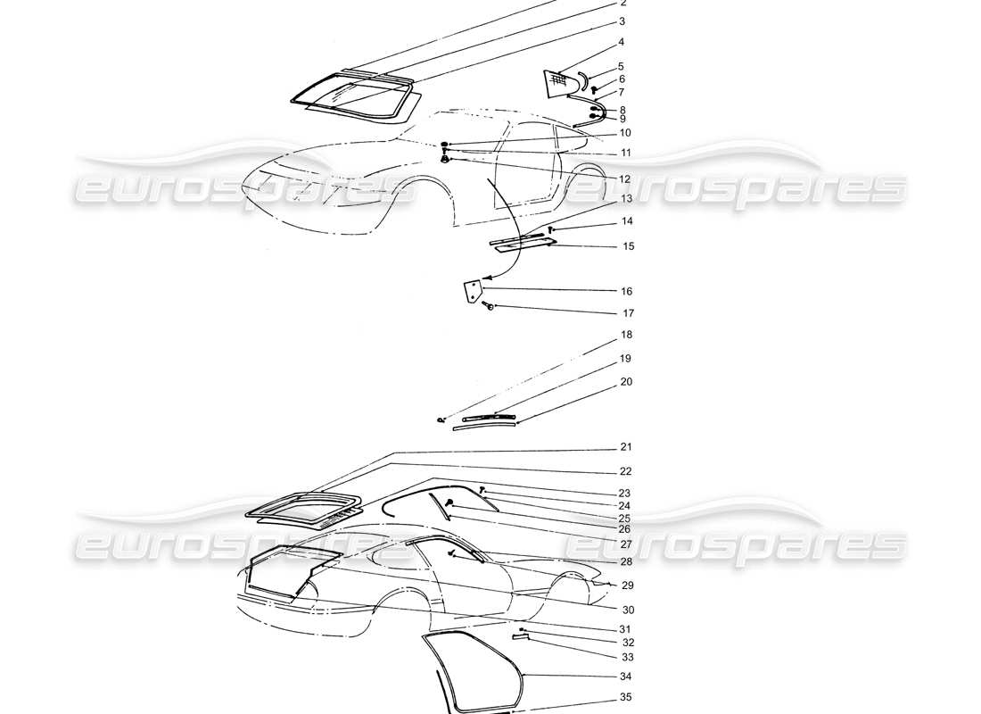 ferrari 365 gtb4 daytona (coachwork) schéma des pièces des joints en verre et en caoutchouc