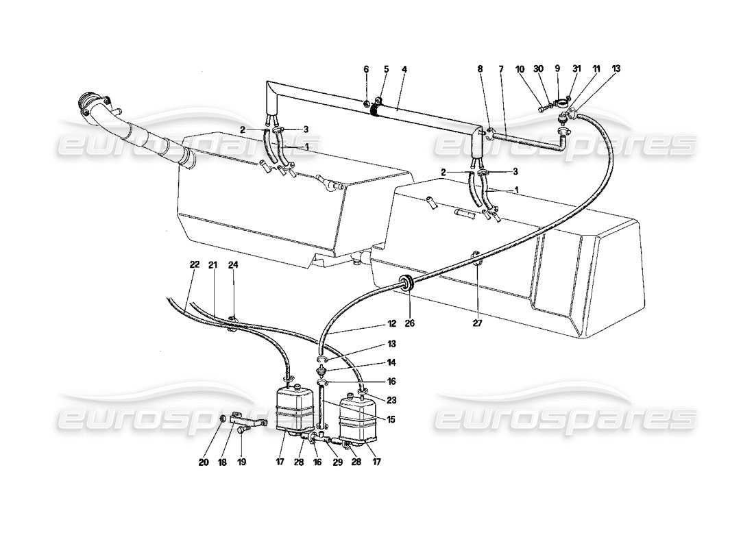 ferrari testarossa (1990) schéma des pièces du système de contrôle des émissions anti-évaporatives (pour us - sa et ch88)