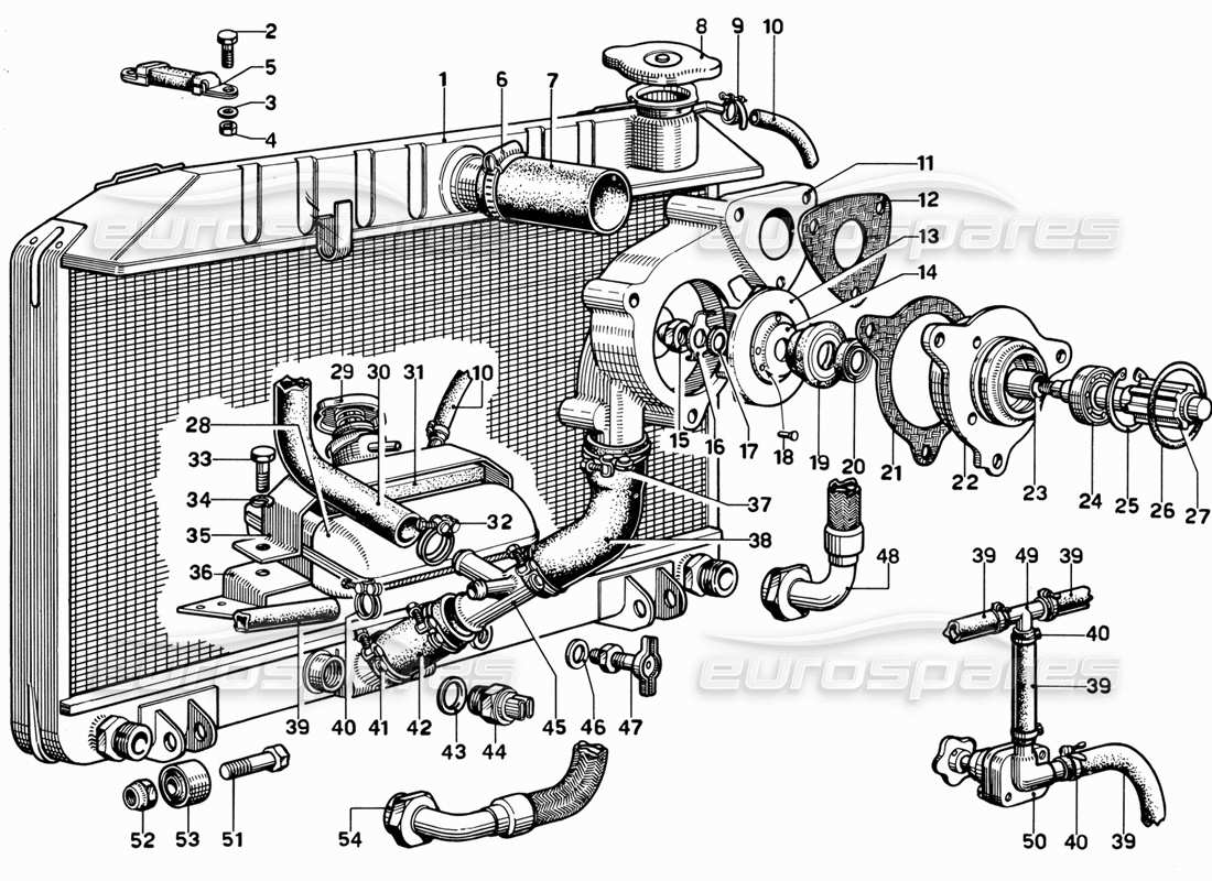 ferrari 365 gt 2+2 (mechanical) schéma des pièces du radiateur et de la pompe à eau