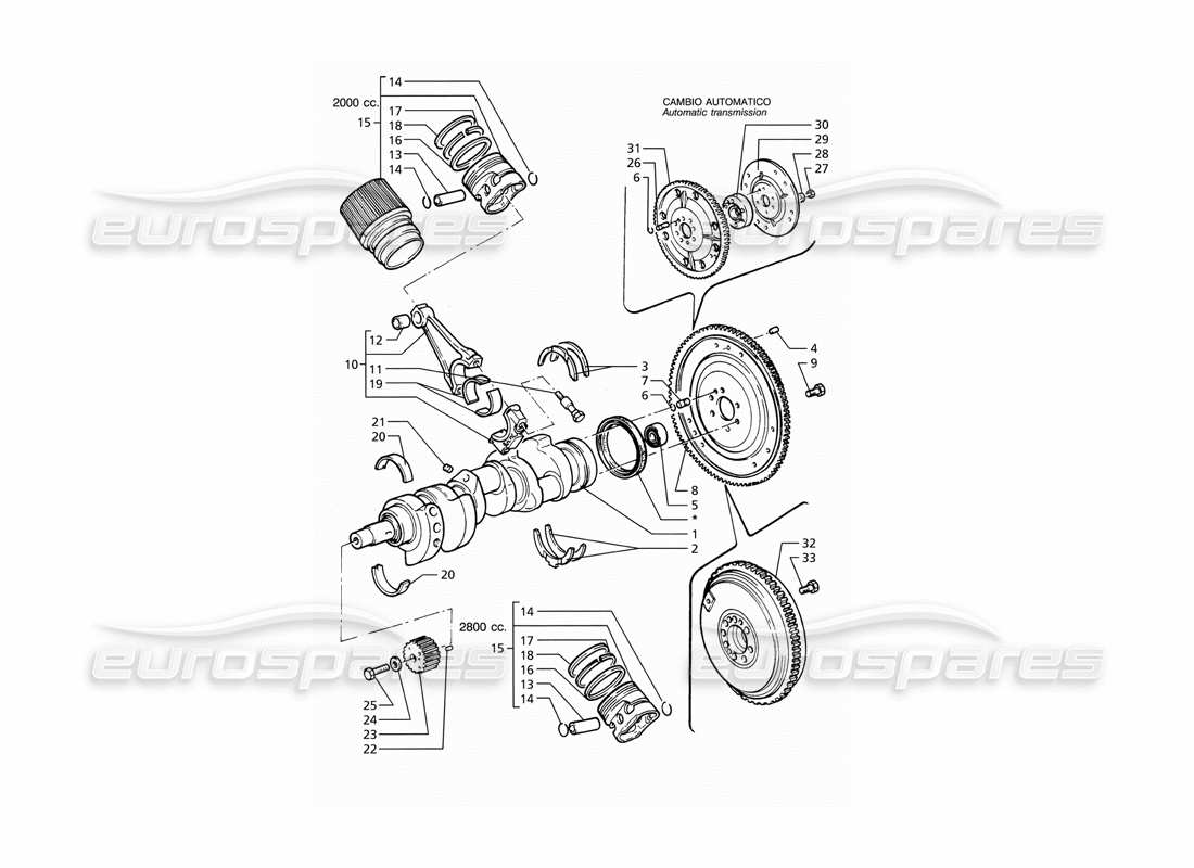 maserati ghibli 2.8 gt (variante) diagramme des pièces du vilebrequin, des pistons, des bielles et du volant moteur