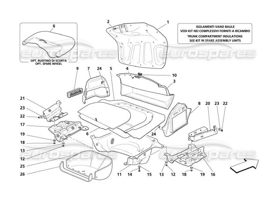 maserati 4200 spyder (2005) garnitures de compartiment de capot de coffre - entrée d'air et boucliers thermiques schéma des pièces