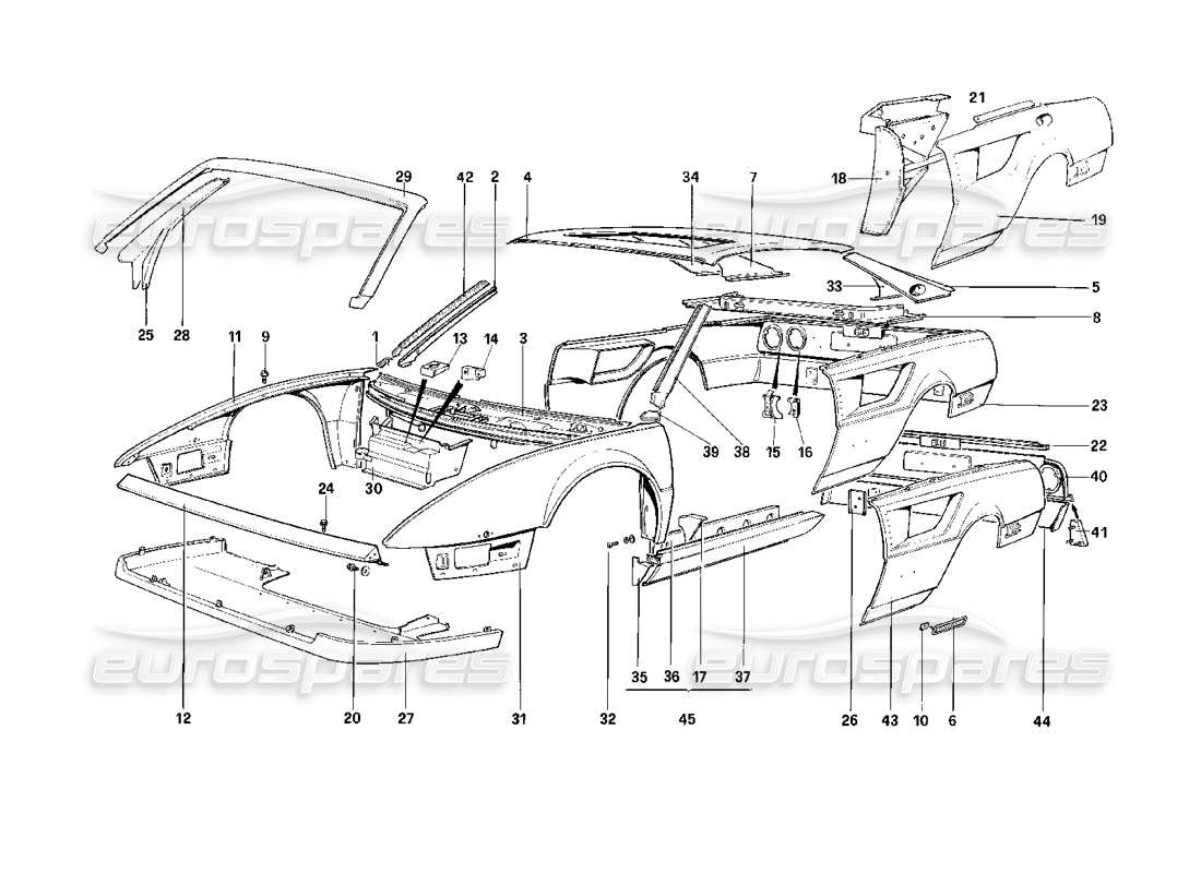 ferrari mondial 3.2 qv (1987) coque de carrosserie - diagramme des pièces des éléments extérieurs