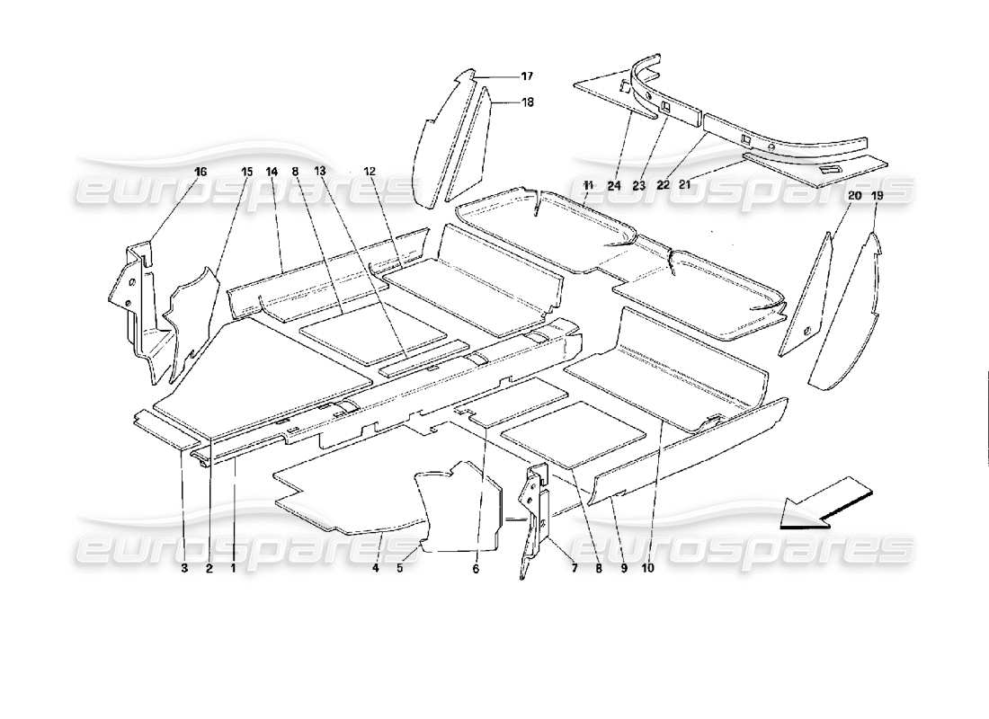 ferrari mondial 3.4 t coupe/cabrio isolation du compartiment intérieur - schéma des pièces du coupé