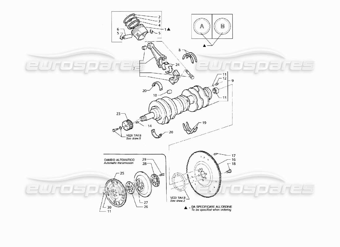 maserati qtp v8 (1998) diagramme des pièces du vilebrequin, des pistons, des bielles et du volant moteur