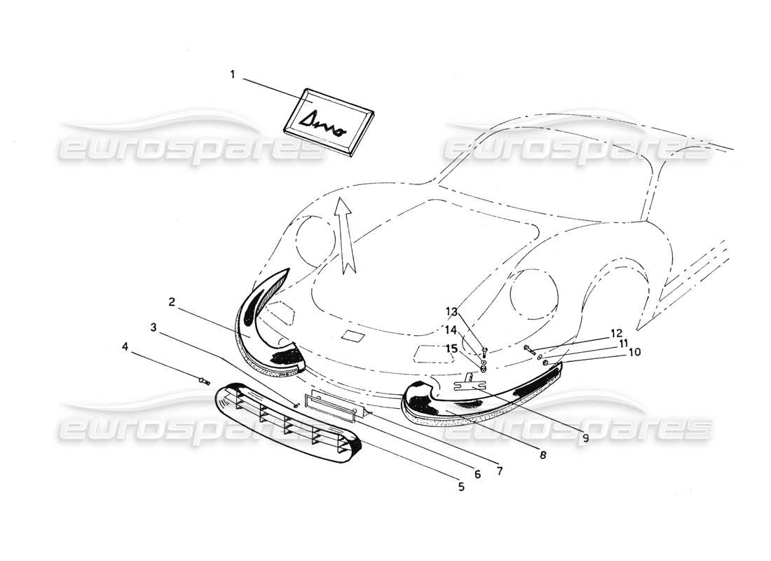 ferrari 206 gt dino (coachwork) schéma des pièces des pare-chocs avant, des grilles et des fixations