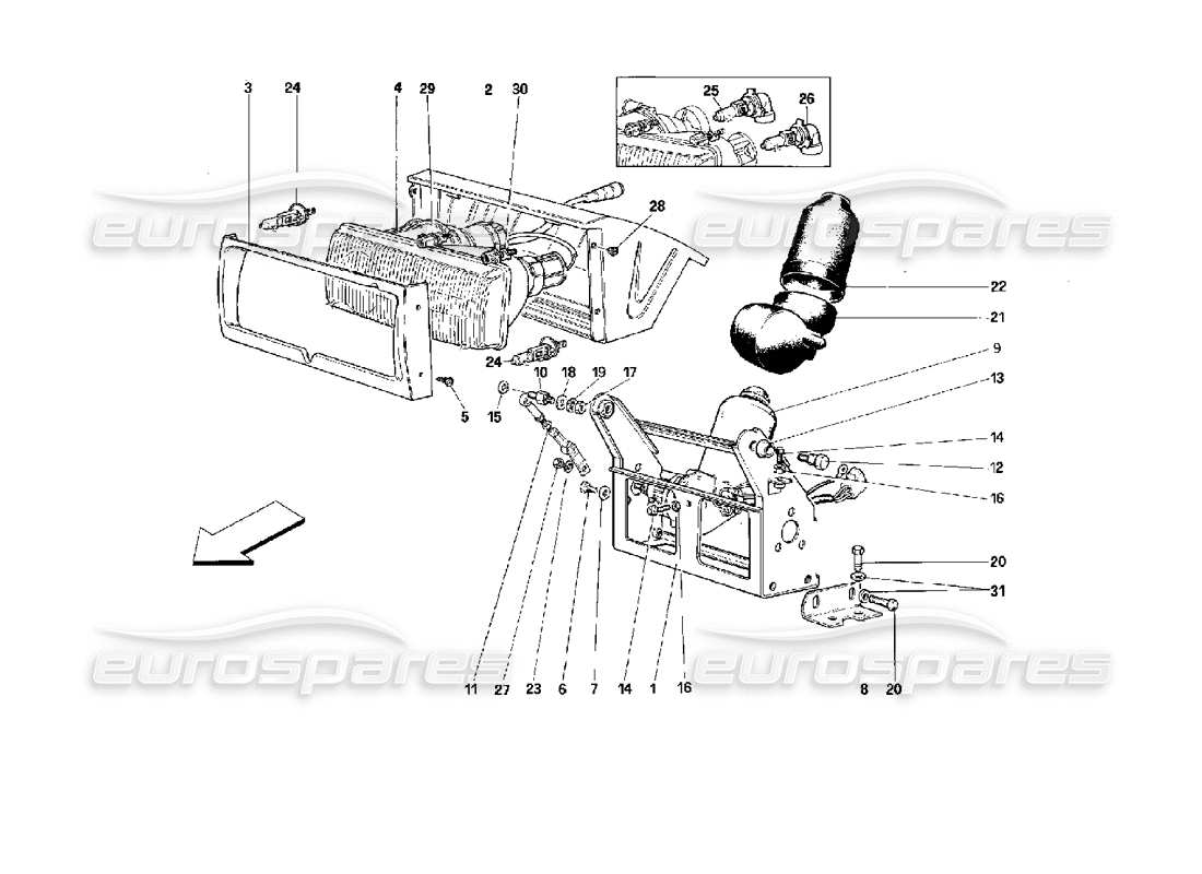 ferrari mondial 3.4 t coupe/cabrio dispositif de levage des phares et schéma des pièces des phares