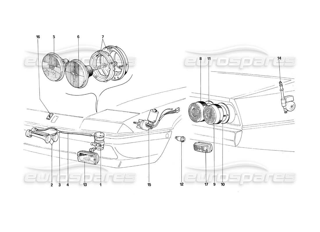 ferrari 412 (mechanical) feux avant et arrière - klaxons et antenne schéma des pièces