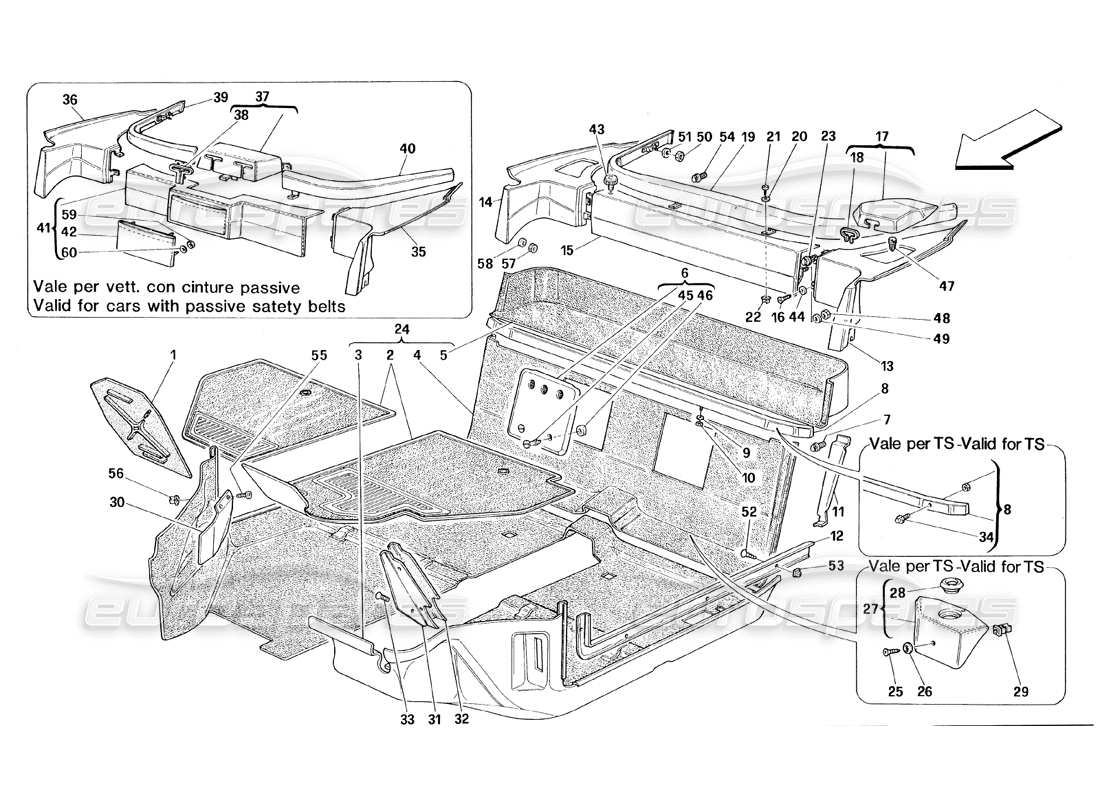 ferrari 348 (1993) tb / ts schéma des pièces des tapis de l'habitacle