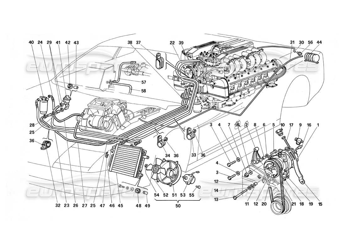 ferrari testarossa (1990) système de conditionnement d'air schéma des pièces