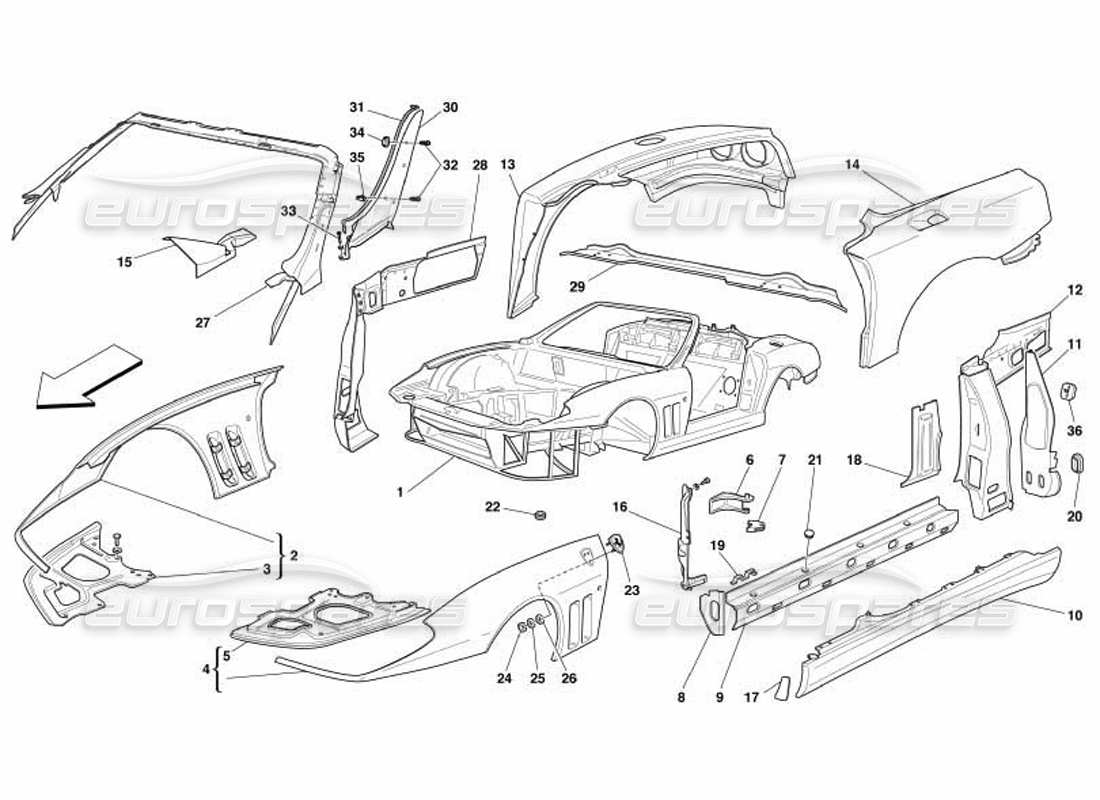 ferrari 550 barchetta carrosserie - diagramme des pièces des garnitures extérieures