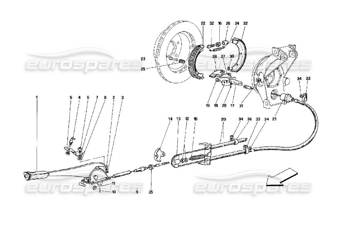 ferrari mondial 3.4 t coupe/cabrio schéma des pièces de commande du frein à main