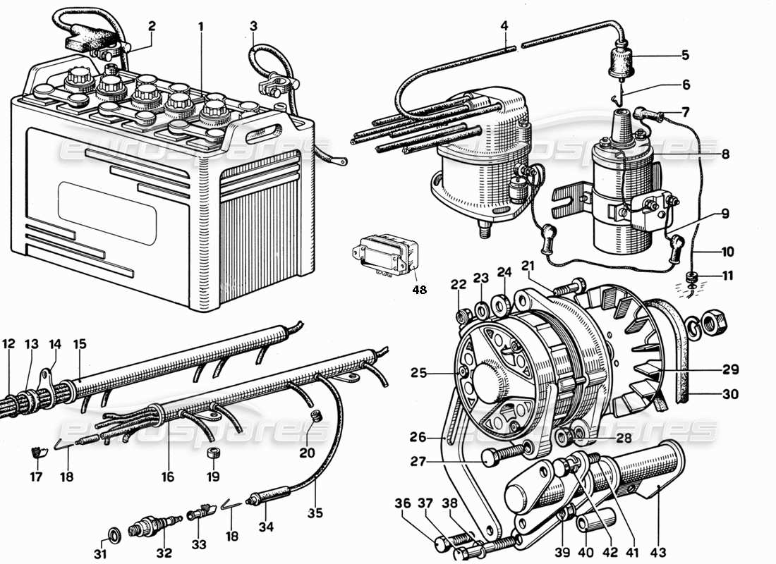 ferrari 365 gt 2+2 (mechanical) diagramme des pièces du générateur et de la table de batterie