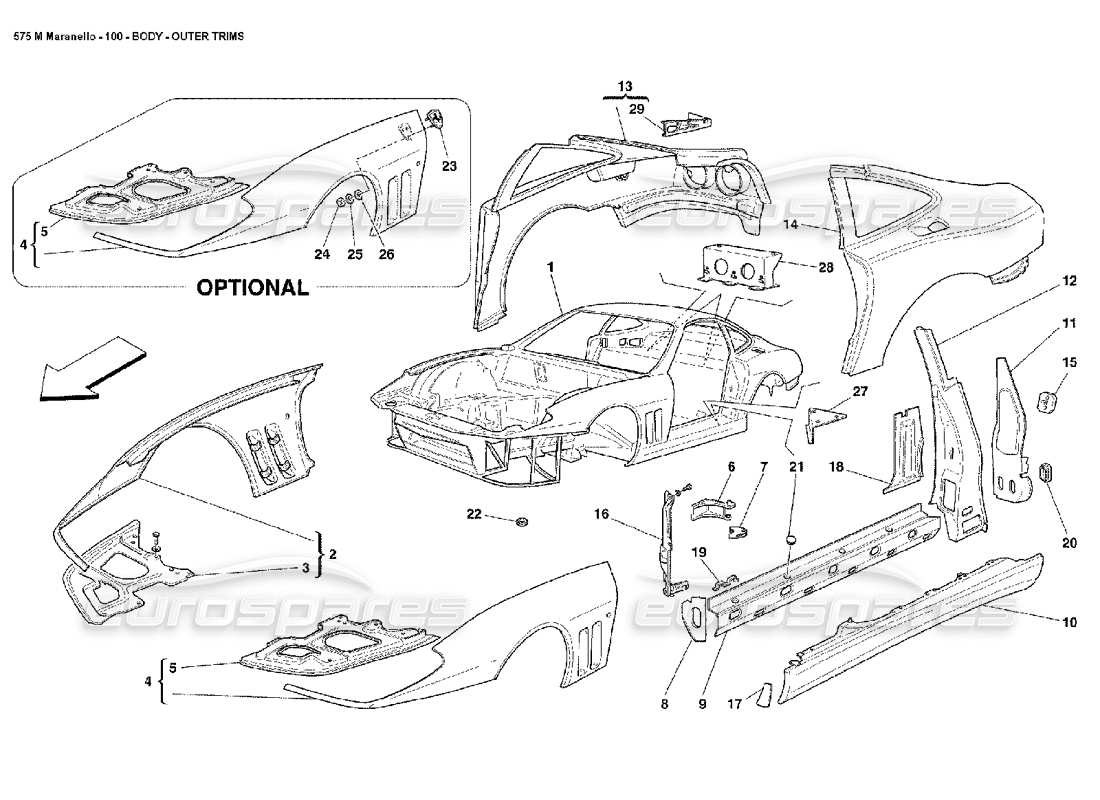 ferrari 575m maranello diagramme des pièces des garnitures extérieures de la carrosserie