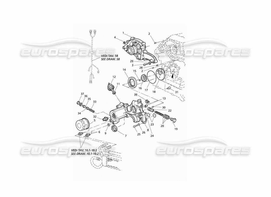 maserati qtp v6 evoluzione schéma des pièces de la pompe à huile et de la pompe à eau