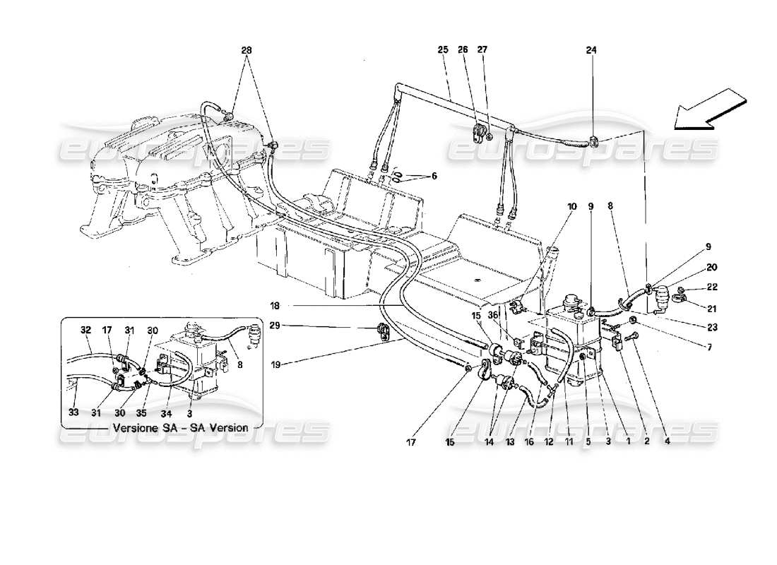 ferrari mondial 3.4 t coupe/cabrio dispositif antiévaporation - coupé et cabriolet - pour voitures avec catalyseur et sa schéma des pièces