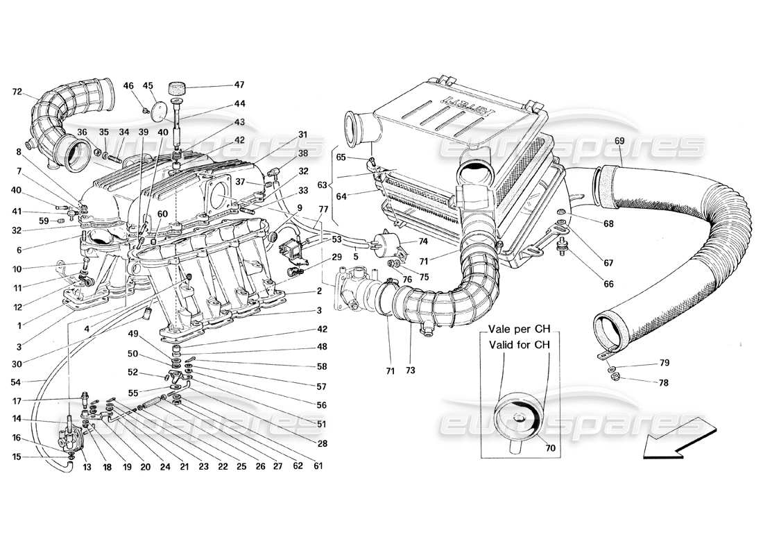 ferrari 348 (1993) tb / ts diagramme des pièces des collecteurs et de l'admission d'air