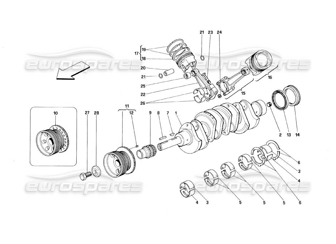 ferrari 348 (1993) tb / ts diagramme des pièces du vilebrequin, des bielles et des pistons