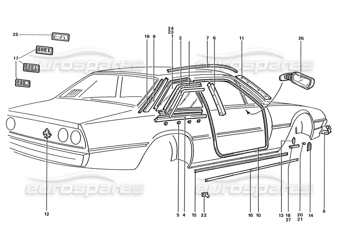 ferrari 400 gt / 400i (coachwork) rétroviseurs extérieurs - badges et finitions extérieures schéma des pièces