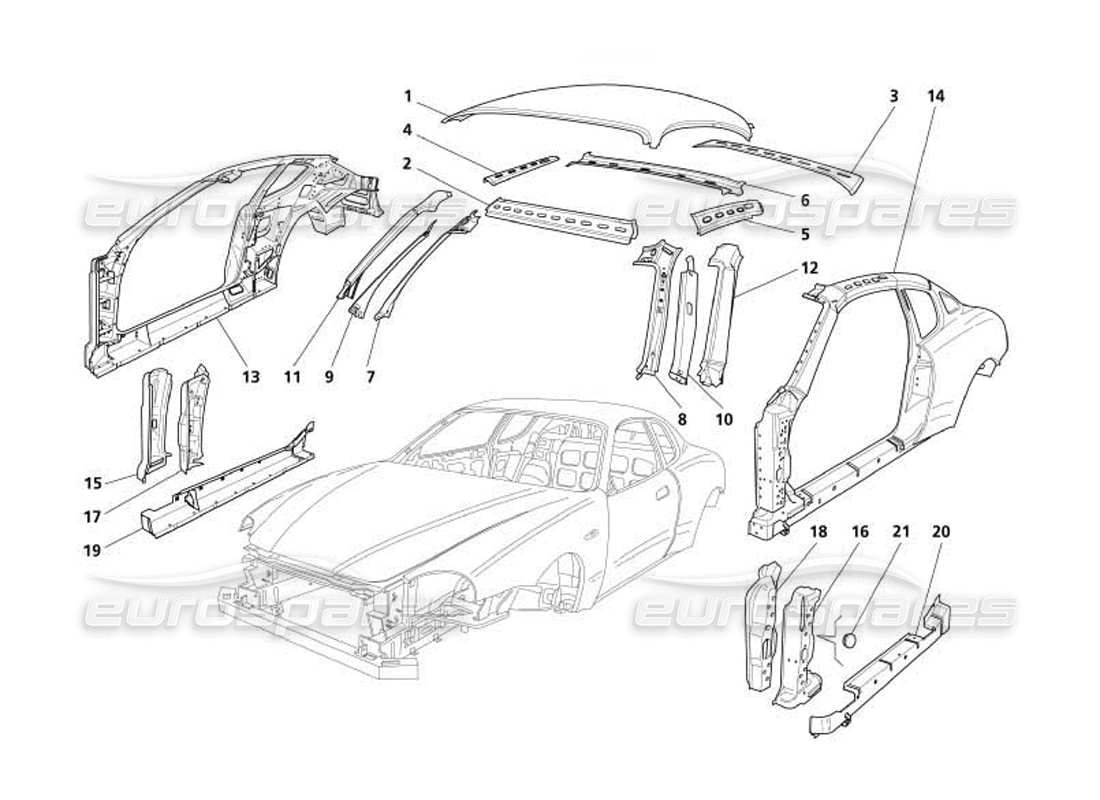 maserati 4200 coupe (2005) boby - schéma des pièces des garnitures extérieures centrales