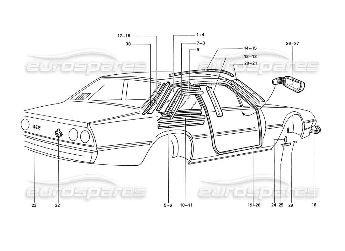 ferrari 412 (coachwork) garnitures et insignes de finition externes schéma des pièces