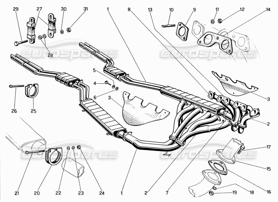 ferrari 330 gt 2+2 diagramme des pièces des collecteurs d'échappement, des silencieux et des extensions