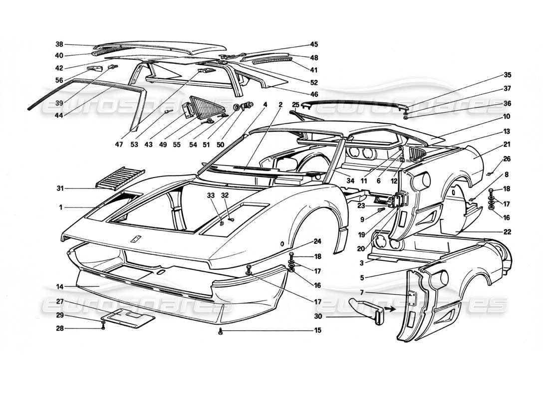 ferrari 208 turbo (1982) coque de carrosserie - diagramme des pièces des éléments extérieurs