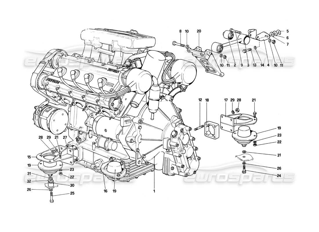 ferrari 208 turbo (1982) moteur - boîte de vitesses et supports schéma des pièces