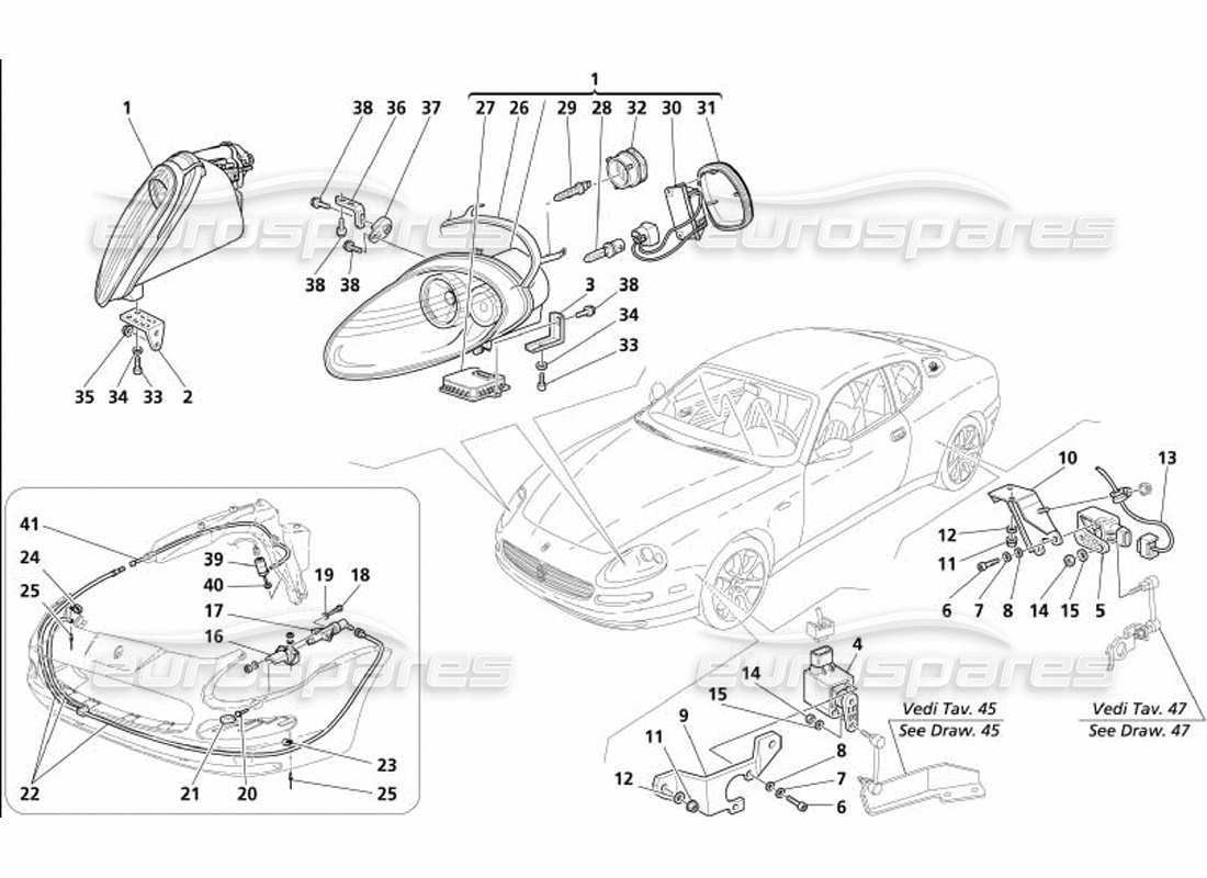 maserati 4200 coupe (2005) phares au xénon et rondelle -phares -en option- schéma des pièces
