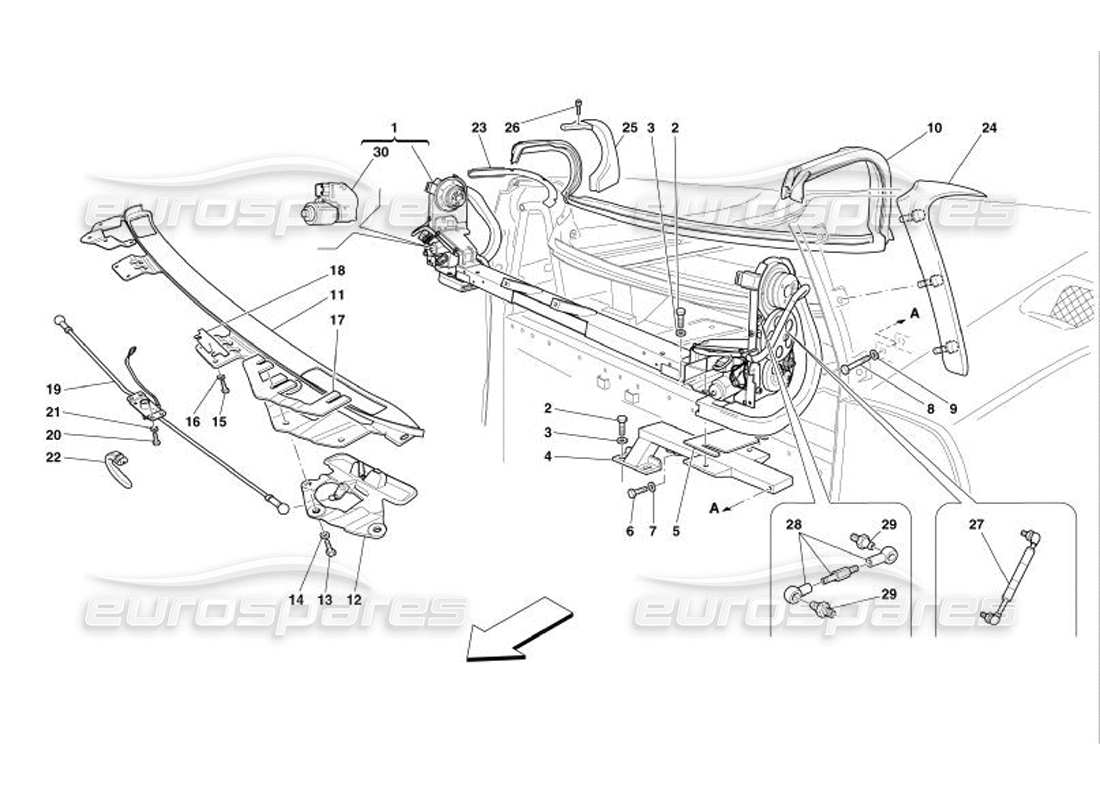 ferrari 575 superamerica schéma des mouvements et des pièces de fermeture du toit ouvrant