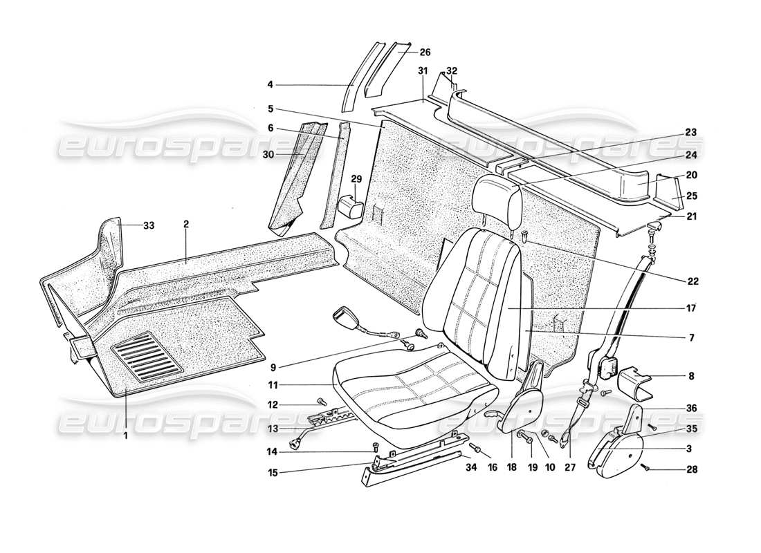 ferrari 328 (1988) garnitures intérieures, accessoires et sièges schéma des pièces