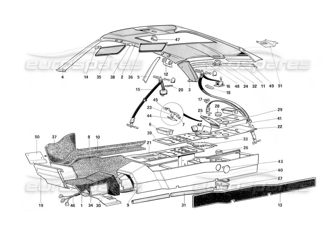 ferrari mondial 3.2 qv (1987) toit, tunnel et ceintures de sécurité - 3.2 mondial coupé schéma des pièces