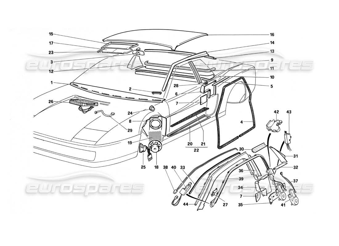 ferrari testarossa (1990) diagramme des pièces des accessoires et des garnitures