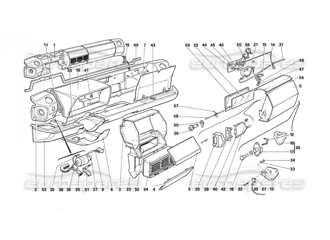 ferrari testarossa (1990) tableau de bord (pour la version américaine) diagramme des pièces