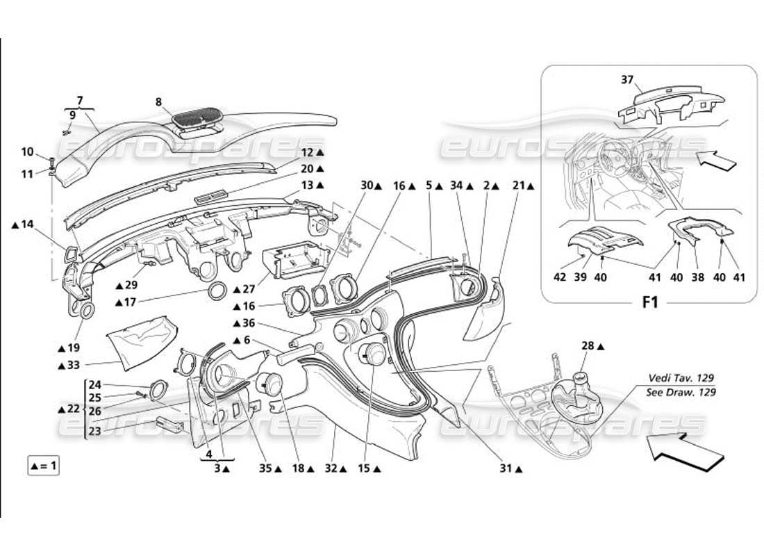 maserati 4200 coupe (2005) tableau de bord - pas pour gd - diagramme des pièces