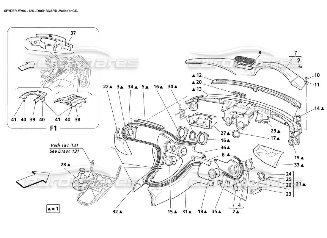 maserati 4200 spyder (2004) tableau de bord valable pour le diagramme de pièce gd