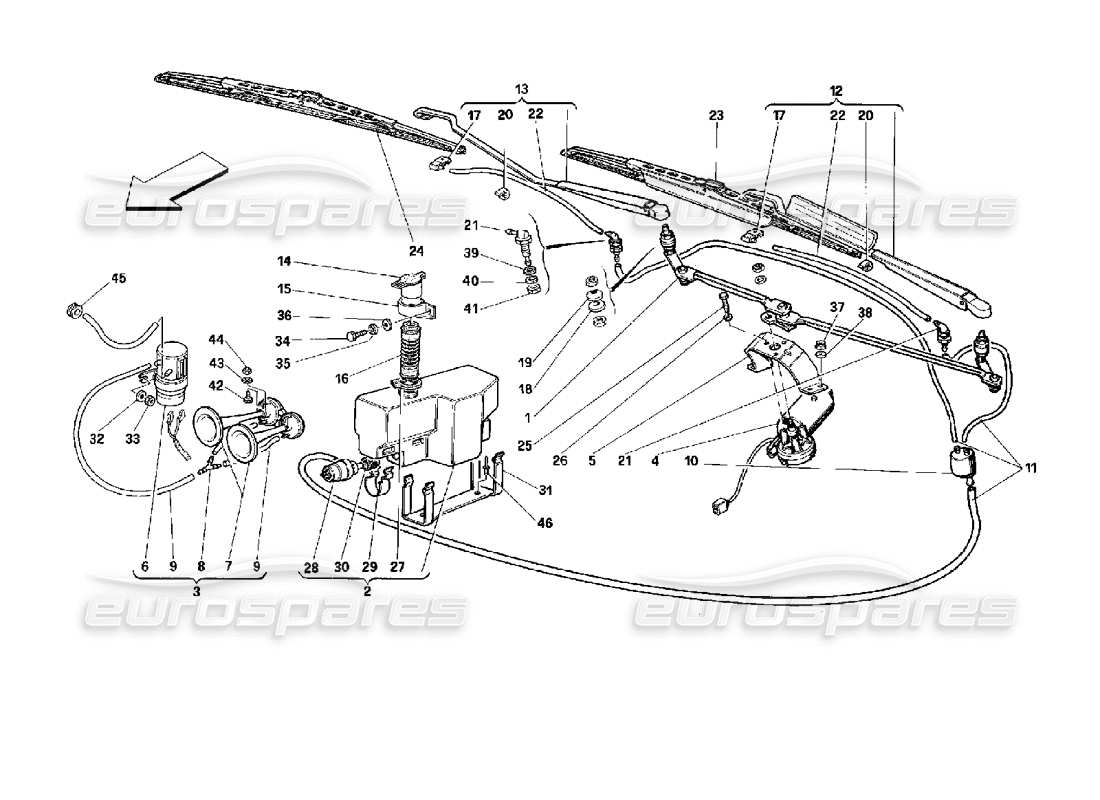 ferrari 512 tr schéma des pièces d'essuie-glace, de rondelle et de klaxons