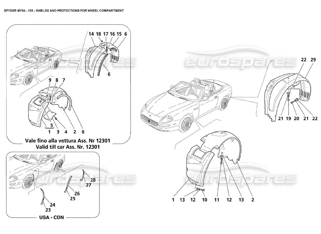 maserati 4200 spyder (2004) boucliers et protections pour compartiment de roue schéma des pièces